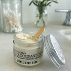 Lavender Deodorant Cream With Lid Off and Applicator Stick